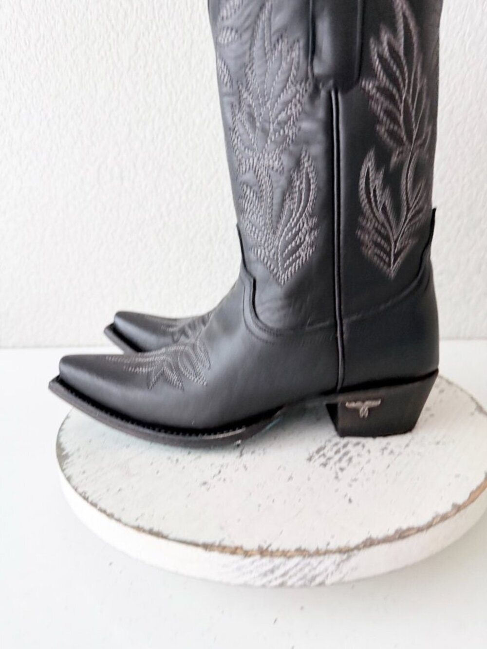 Lane SANDAGA Midi Black Cowboy Boots Cowgirl Western Mid Calf Snip Toe Size 7 - Picture 4 of 11